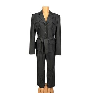 Tahari Arthur S Levine Women's Dark Gray Belted Blazer Pants Suit Set Size 10